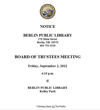 Board of Trustee meeting 09/02/2022 at 4:15pm at Kelley Park