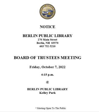 Board of Trustee meeting 10/07/2022 at 4:15pm at Kelley Park