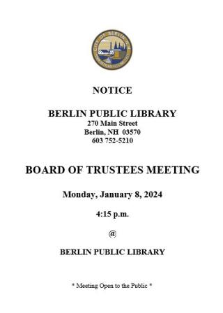 BOT meeting Monday, January 8, 2024, at 4:15pm.