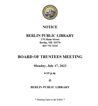BOT meeting 07/17/2023 4:15pm Berlin Public Library
