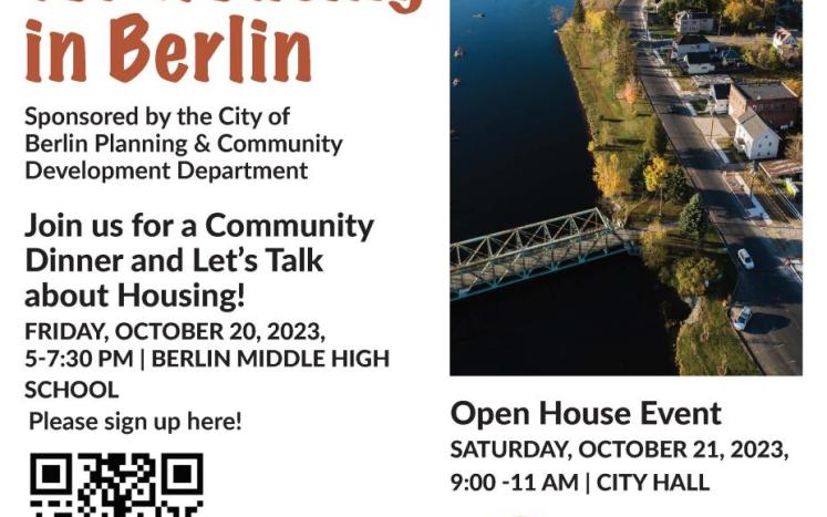 Berlin Community Meeting flyer with QR code and photo of the river